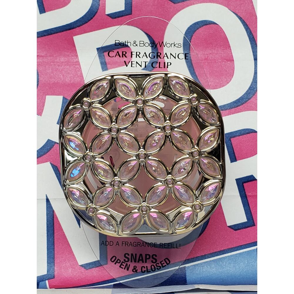 BBW Gold Gem & Pink Iridescent Flowers Vent Clip Car Fragrance Holder Decor